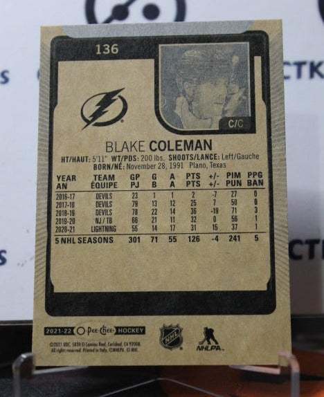 2021-22  O-PEE-CHEE BLAKE COLEMAN # 136 TAMPA BAY LIGHTNING HOCKEY CARD