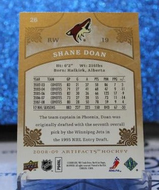 SHANE DOAN # 26 UPPER DECK ARTIFACTS 2008-09 ARIZONA COYOTES NHL HOCKEY TRADING CARD