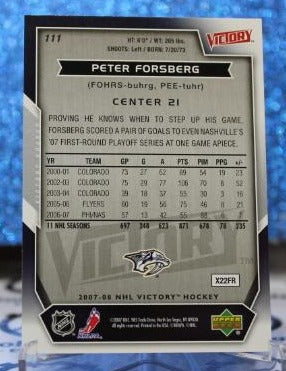 PETER FORSBERG # 111 UPPER DECK 2007-08 NASHVILLE PREDATORS NHL HOCKEY TRADING CARD