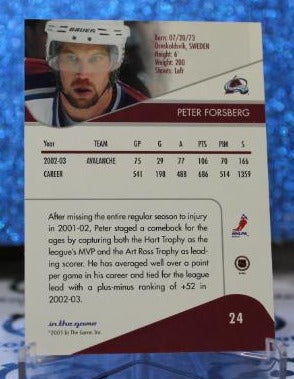 PETER FORSBERG # 24 IN THE GAME 2003 COLORADO AVALANCHE NHL HOCKEY TRADING CARD