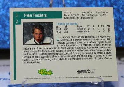 PETER FORSBERG # 5 DRAFT ROOKIE CLASSIC 1991 OHL NHL HOCKEY TRADING CARD