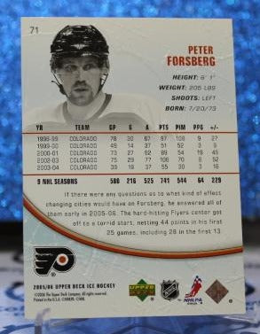 PETER FORSBERG # 71 ICE UPPER DECK 2005-06 Philadelphia Flyers NHL HOCKEY TRADING CARD