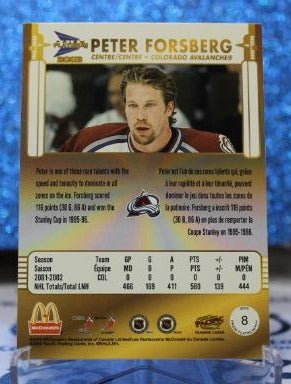 PETER FORSBERG # 8 McDONALD'S PACIFIC 2002-03 COLORADO AVALANCHE NHL HOCKEY TRADING CARD