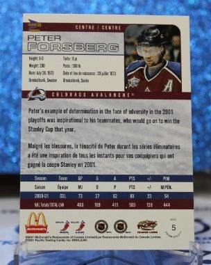 PETER FORSBERG # 5 McDONALD'S PACIFIC 2001-02 COLORADO AVALANCHE NHL HOCKEY TRADING CARD