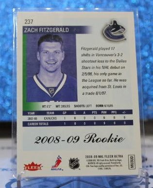 ZACK FITZGERALD # 237 ROOKIE FLEER ULTRA 2008-09 VANCOUVER CANUCKS NHL HOCKEY TRADING CARD