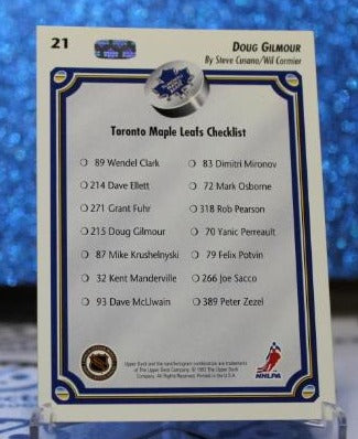 DOUG GILMOUR # 21 UPPER DECK 1992-93 TORONTO MAPLE LEAFS  NHL HOCKEY TRADING CARD