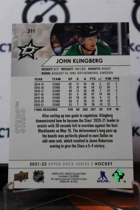 2021-22 UPPER DECK JOHN KLINGBERG # 311   DALLAS STARS NHL HOCKEY TRADING CARD