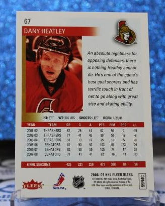 DANY HEATLEY # 67 FLEER ULTRA 2008-09 OTTAWA SENATORS NHL HOCKEY TRADING CARD