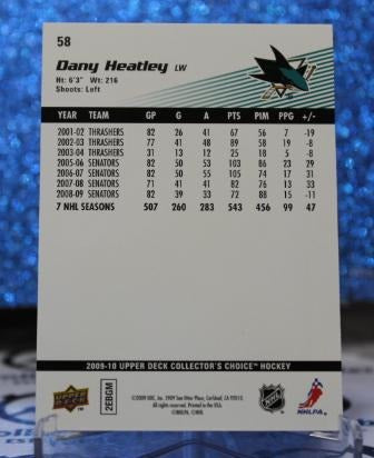 DANY HEATLEY # 58 UPPER DECK 2009-10 OTTAWA SENATORS NHL HOCKEY TRADING CARD