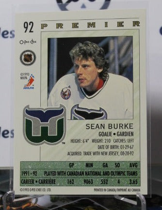 1992-93 O-PEE CHEE PREMIER SEAN BURKE # 92  HARTFORD WHALERS  NHL HOCKEY TRADING CARD