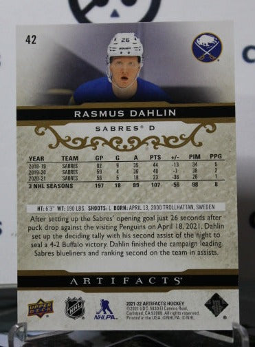 2021-22 UPPER DECK ARTIFACTS RASMUS DAHLIN # 42 ROSE GOLD BUFFALO SABRES NHL HOCKEY TRADING CARD