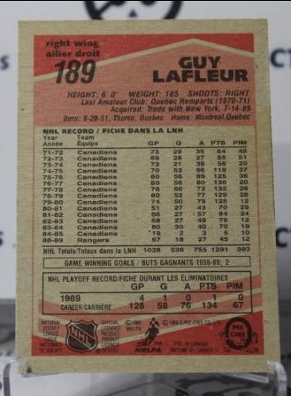 GUY LAFLEUR # 189 O-PEE CHEE 1989-90 NEW YORK RANGERS NHL HOCKEY TRADING CARD