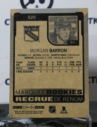 2021-22  O-PEE-CHEE MORGAN BARRON  # 520 MARQUEE ROOKIE NEW YORK RANGERS  NHL HOCKEY CARD