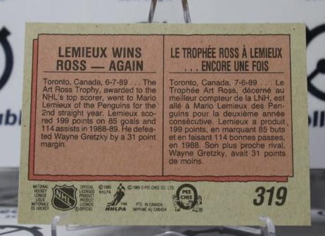 MARIO LEMIEUX # 319 O-PEE CHEE  1989-90 PITTSBURGH PENGUINS NHL HOCKEY TRADING CARD