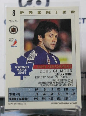 1992-92 O-PEE-CHEE PREMIER DOUG GILMOUR # 8 STAR PERFORMERS TORONTO MAPLE LEAFS HOCKEY CARD