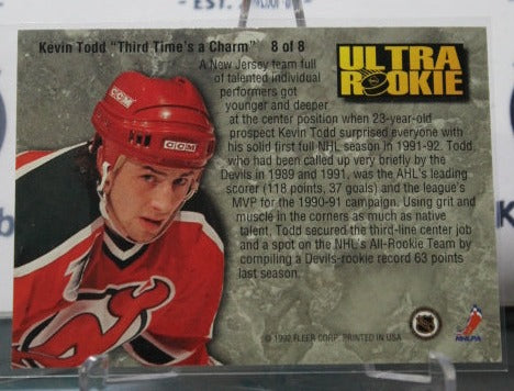 1992-93 FLEER ULTRA KEVIN TODD # 8 OF 8 ULTRA ROOKIE NEW JERSEY DEVILS  NHL HOCKEY TRADING CARD