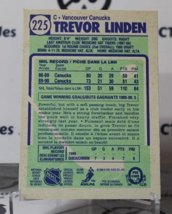 TREVOR LINDEN # 225 O-PEE CHEE 1990-91 VANCOUVER CANUCKS NHL HOCKEY TRADING CARD