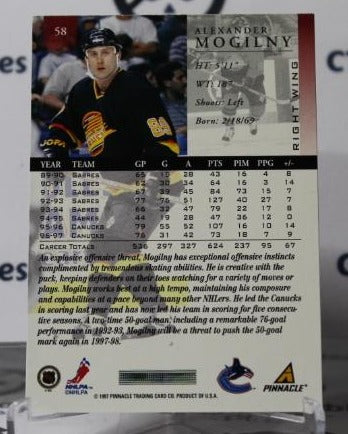 ALEXANDER MOGILNY # 58 PINNACLE 1997-98 VANCOUVER CANUCKS NHL HOCKEY TRADING CARD