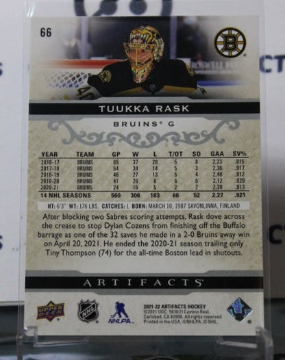 2021-22 UPPER DECK ARTIFACTS TUUKKA RASK # 66  SILVER BOSTON BRUINS HOCKEY CARD