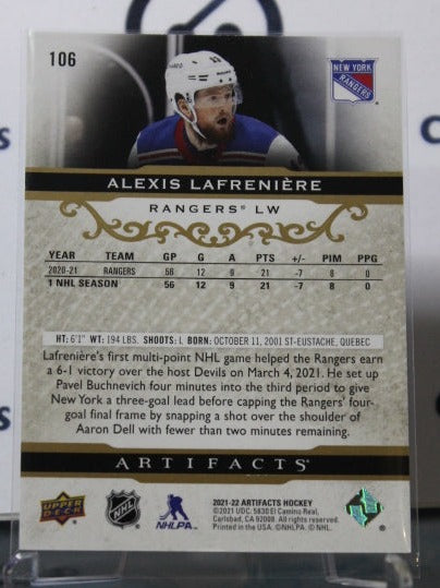 2021-22 UPPER DECK ARTIFACTS ALEXIS LAFRENIERE  # 106 ROOKIE ROSE GOLD NEW YORK RANGERS  NHL HOCKEY CARD