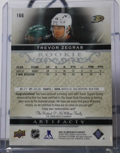 2021-22 UPPER DECK ARTIFACTS  TREVOR ZEGRAS # 166 SILVER ROOKIE PATCH 163/399 ANAHEIM DUCKS NHL HOCKEY CARD