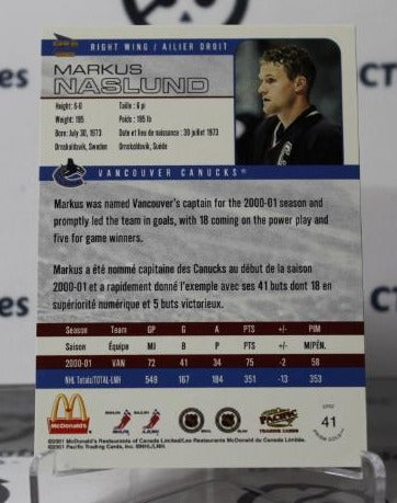 MARKUS NASLUND # 41 PACIFIC McDONALD'S 2001-02 VANCOUVER CANUCKS NHL HOCKEY TRADING CARD