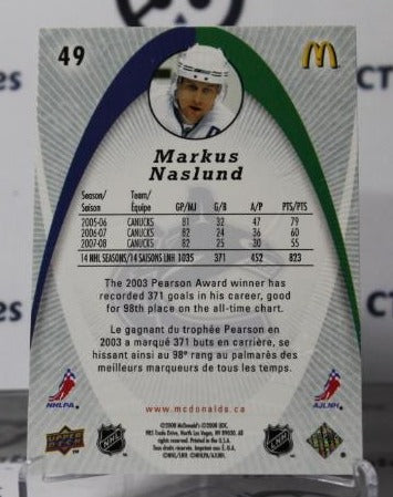 MARKUS NASLUND # 49 UPPER DECK McDONALD'S 2008-09 VANCOUVER CANUCKS NHL HOCKEY TRADING CARD