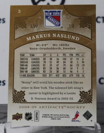 MARKUS NASLUND # 3 UPPER DECK ARTIFACTS 2008-09 VANCOUVER CANUCKS NHL HOCKEY TRADING CARD