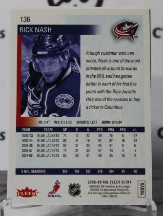 RICK NASH # 136 FLEER ULTRA 2008-09 COLUMBUS BLUE JACKETS NHL HOCKEY TRADING CARD