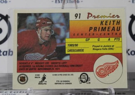 KEITH PRIMEAU # 91 ROOKIE O-PEE CHEE PREMIER 1990-91 DETROIT RED WINGS NHL HOCKEY TRADING CARD