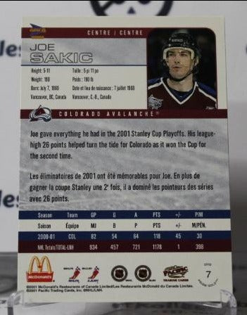JOE SAKIC # 7 PACIFIC McDONALD'S 2001-02 COLORADO AVALANCHE  NHL HOCKEY TRADING CARD