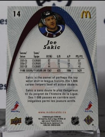 JOE SAKIC # 14 UPPER DECK McDONALD'S 2008-09 COLORADO AVALANCHE  NHL HOCKEY TRADING CARD