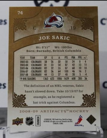 JOE SAKIC # 74 UPPER DECK ARTIFACTS 2008-09 COLORADO AVALANCHE  NHL HOCKEY TRADING CARD