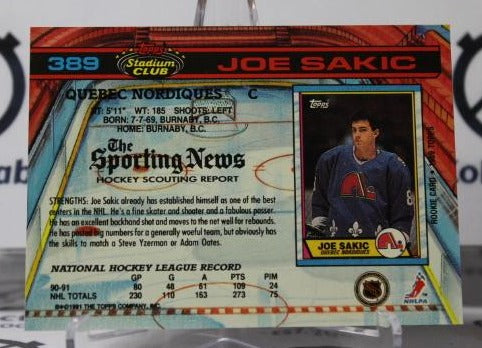 JOE SAKIC # 389 TOPPS STADIUM CLUB 1991-92 QUEBEC NORDIQUES  NHL HOCKEY TRADING CARD