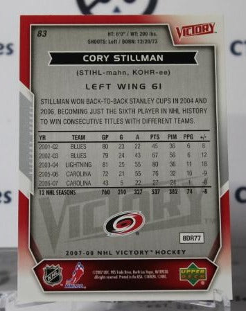 2007-08 UPPER DECK CORY STILLMAN # 83  CAROLINA HURRICANES NHL HOCKEY TRADING CARD