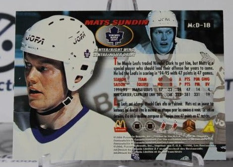 MATS SUNDIN # McD-18 PINNACLE  McDONALD'S  1995-96 TORONTO MAPLE LEAFS  NHL HOCKEY TRADING CARD