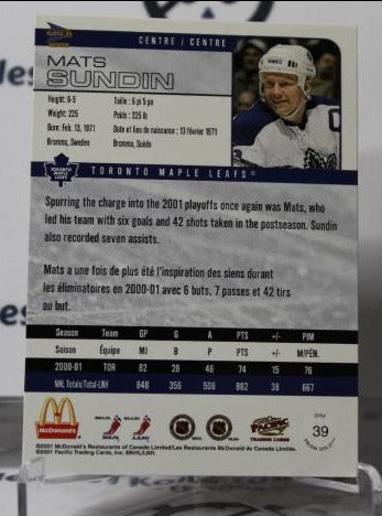 MATS SUNDIN # 39 PACIFIC  McDONALD'S  2001-02 TORONTO MAPLE LEAFS  NHL HOCKEY TRADING CARD