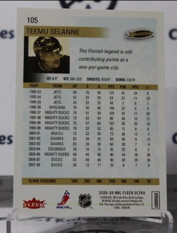 TEEMU SELANNE # 105 FLEER ULTRA  2008-09 ANAHEIM DUCKS  NHL HOCKEY TRADING CARD