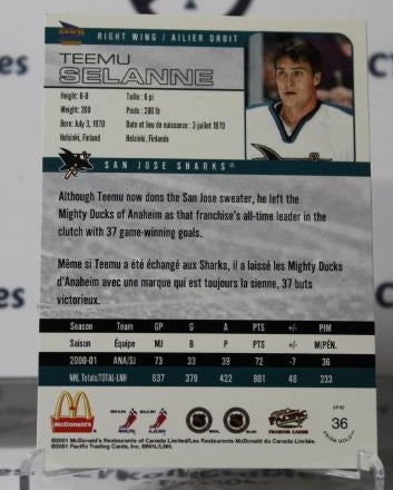 TEEMU SELANNE # 36 PACIFIC McDONALD'S 2001-02 SAN JOSE SHARKS  NHL HOCKEY TRADING CARD