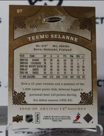 TEEMU SELANNE # 97 UPPER DECK ARTIFACTS 2008-09 ANAHEIM DUCKS  NHL HOCKEY TRADING CARD