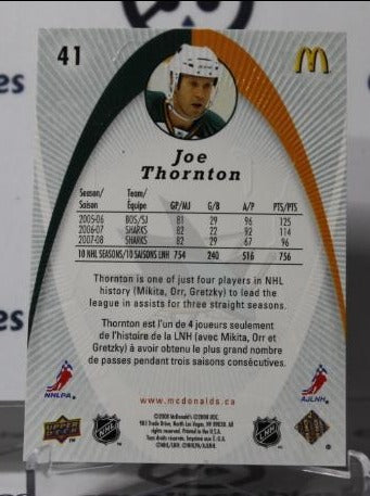 JOE THORNTON # 41 UPPER DECK  McDONALD'S 2008-09 SAN JOSE SHARKS  NHL HOCKEY TRADING CARD