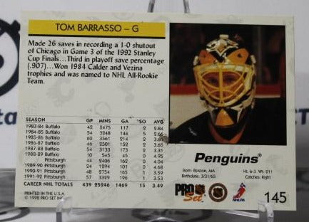 TOM BARRASSO # 145 PRO SET 1992-93 HOCKEY GOALTENDER PITTSBURGH PENGUINS NHL CARD