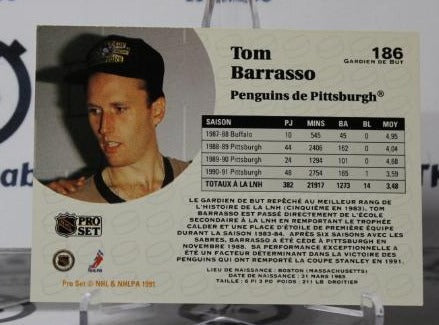 TOM BARRASSO # 186 PRO SET 1991-92 HOCKEY GOALTENDER PITTSBURGH PENGUINS NHL CARD