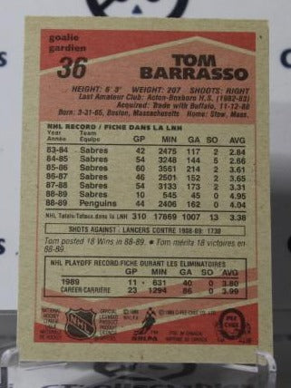 TOM BARRASSO # 36 O-PEE CHEE 1989-90 HOCKEY GOALTENDER PITTSBURGH PENGUINS NHL CARD