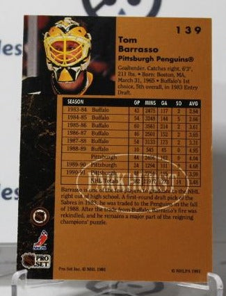 TOM BARRASSO # 139 PARKHURST 1991-92 HOCKEY GOALTENDER PITTSBURGH PENGUINS NHL CARD