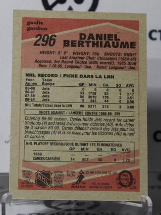 DANIEL BERTHIAUME #296 O-PEE CHEE 1989-90 HOCKEY GOALTENDER WINNIPEG JETS CARD