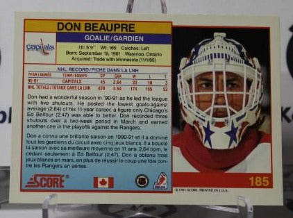 DON BEAUPRE # 185 SCORE 1991-92 HOCKEY GOALTENDER WASHINGTON CAPITALS CARD