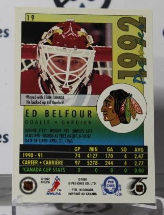 ED BELFOUR # 19 O-PEE CHEE PREMIER 1991-92 HOCKEY GOALTENDER CHICAGO BLACKHAWKS CARD