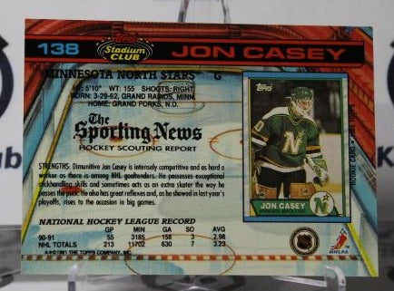 JON CASEY # 138 TOPPS STADIUM CLUB 1991-92 HOCKEY GOALTENDER MINNESOTA NORTH STARS NHL CARD