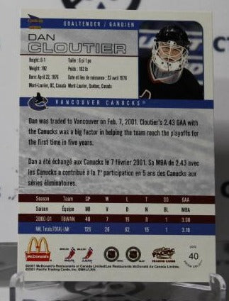 DAN CLOUTIER # 40 PACIFIC McDONALD'S 2001-02 HOCKEY GOALTENDER VANCOUVER CANUCKS CARD